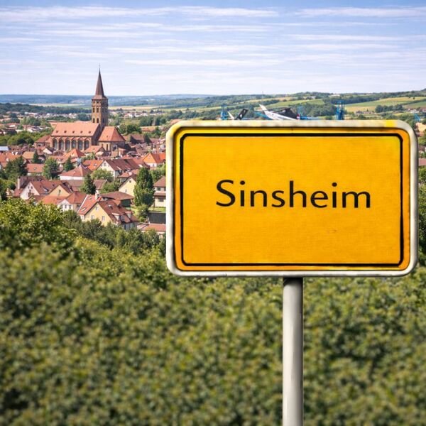 Gelbes Ortsschild Sinsheim mit Stadt im Hintergrund