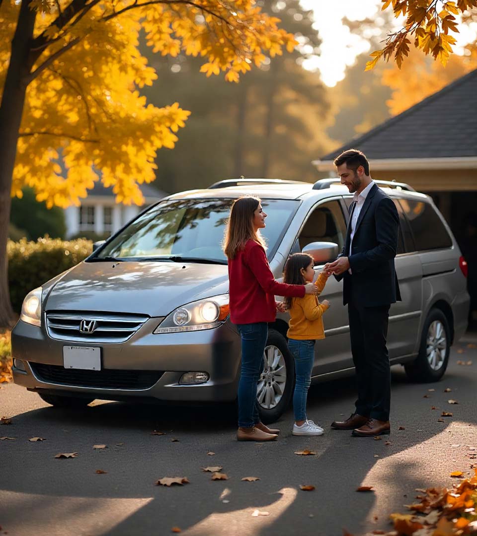 Eine Familie übergibt ein Auto an einen Händler beim Autoankauf Sinsheim vor dem Haus